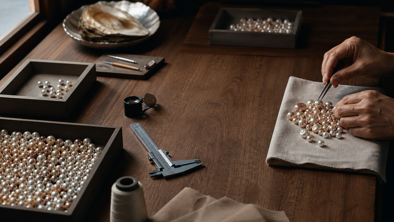 Pearls laid out across a dark wood grading table