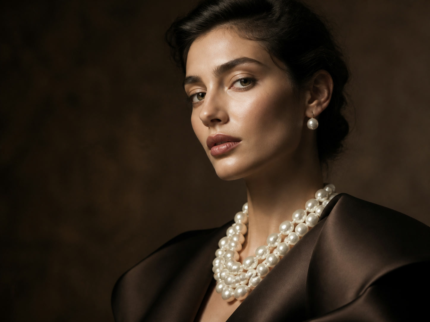 Model wearing a pearl collar, photographed in low light