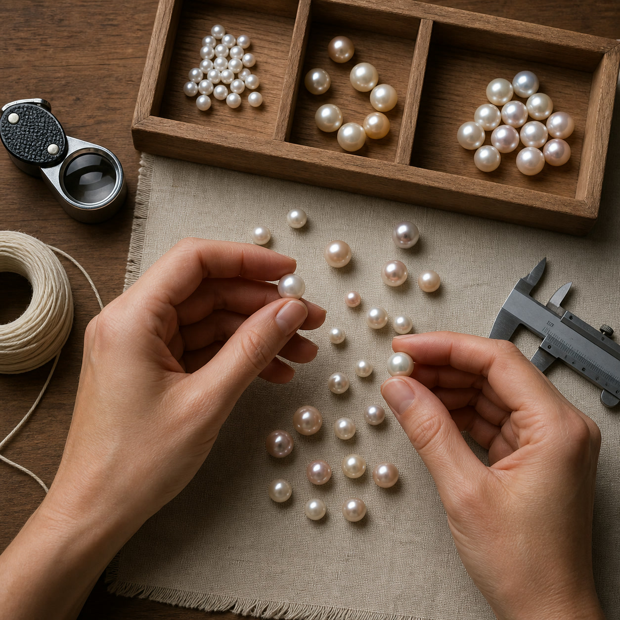 Hands sorting loose pearls across grading trays