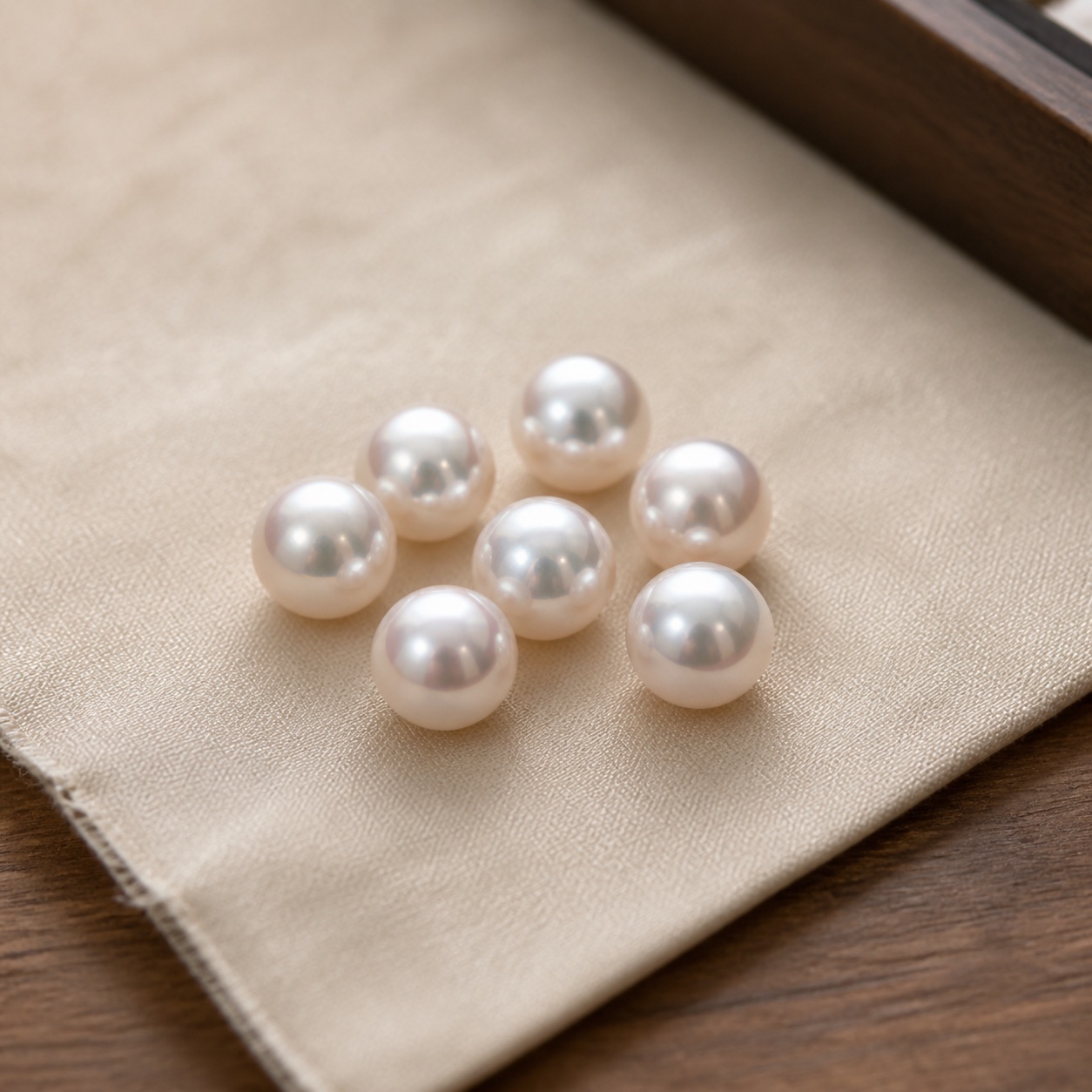 Seven small white Akoya pearls with rose and silver overtones