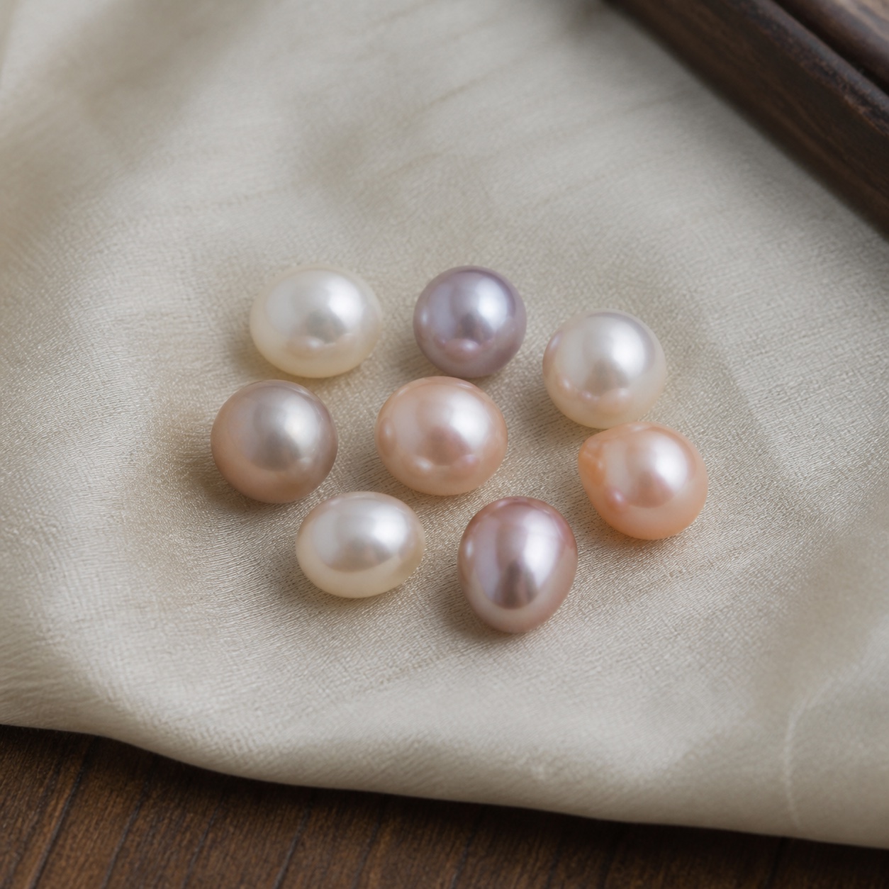 Eight white, peach, and lavender Freshwater pearls