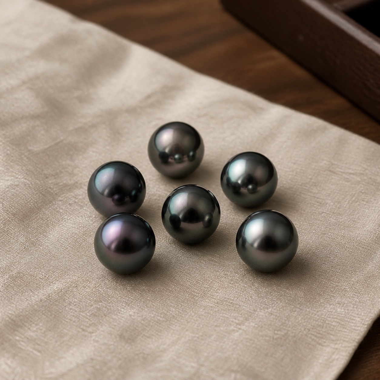 Six dark Tahitian pearls with green and aubergine overtones
